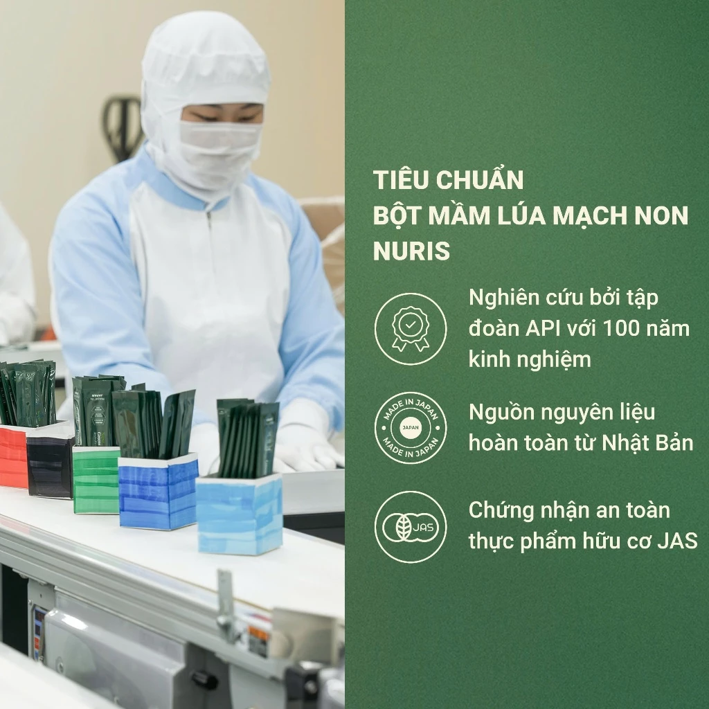 15 gói lẻ Bột mầm lúa mạch non Nuris Nhật Bản bổ sung lợi khuẩn lên men từ thực vật, ngừa táo bón