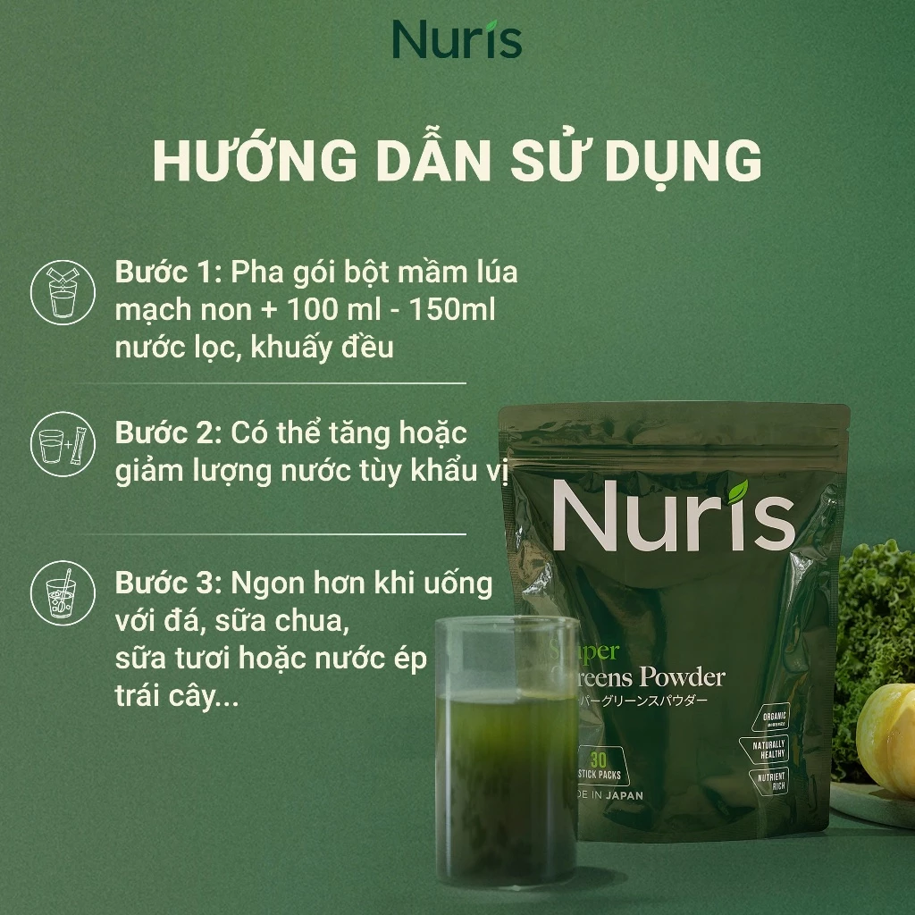 Túi 30 Gói Bột mầm lúa mạch non Nuris Nhật Bản bổ sung lợi khuẩn lên men từ thực vật, mát gan, tiêu hóa tốt