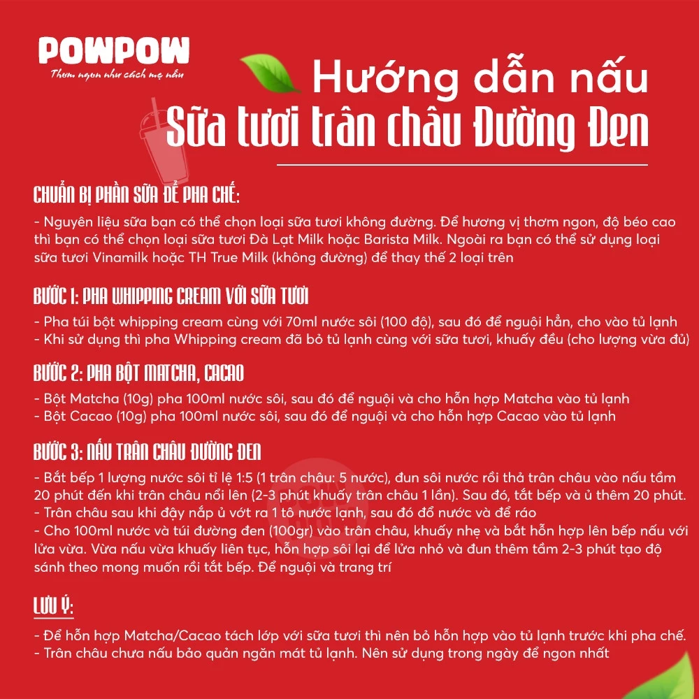 Sữa tươi trân châu đường đen 3 vị POWPOW set nguyên liệu dễ nấu 15 - 20 ly