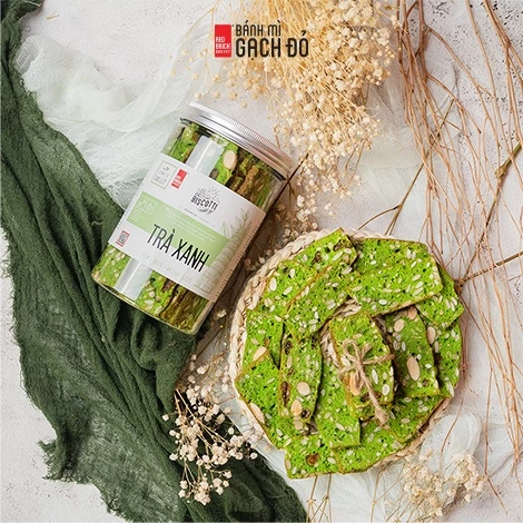 Biscotti Trà Xanh Gạch Đỏ 250g, ngọt từ gạo lứt và mật ong, chuẩn ăn kiêng