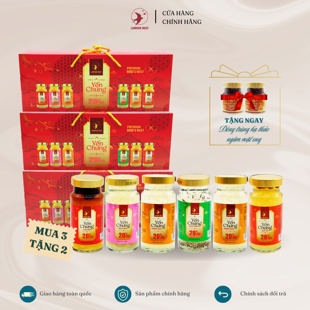 Combo 3 Hộp Yến Chưng Ngũ Vị Lamour Nest (150ml x 6 hũ/hộp) + Tặng 2 Hũ Đông Trùng Hạ Thảo Ngâm Mật Ong 70ml