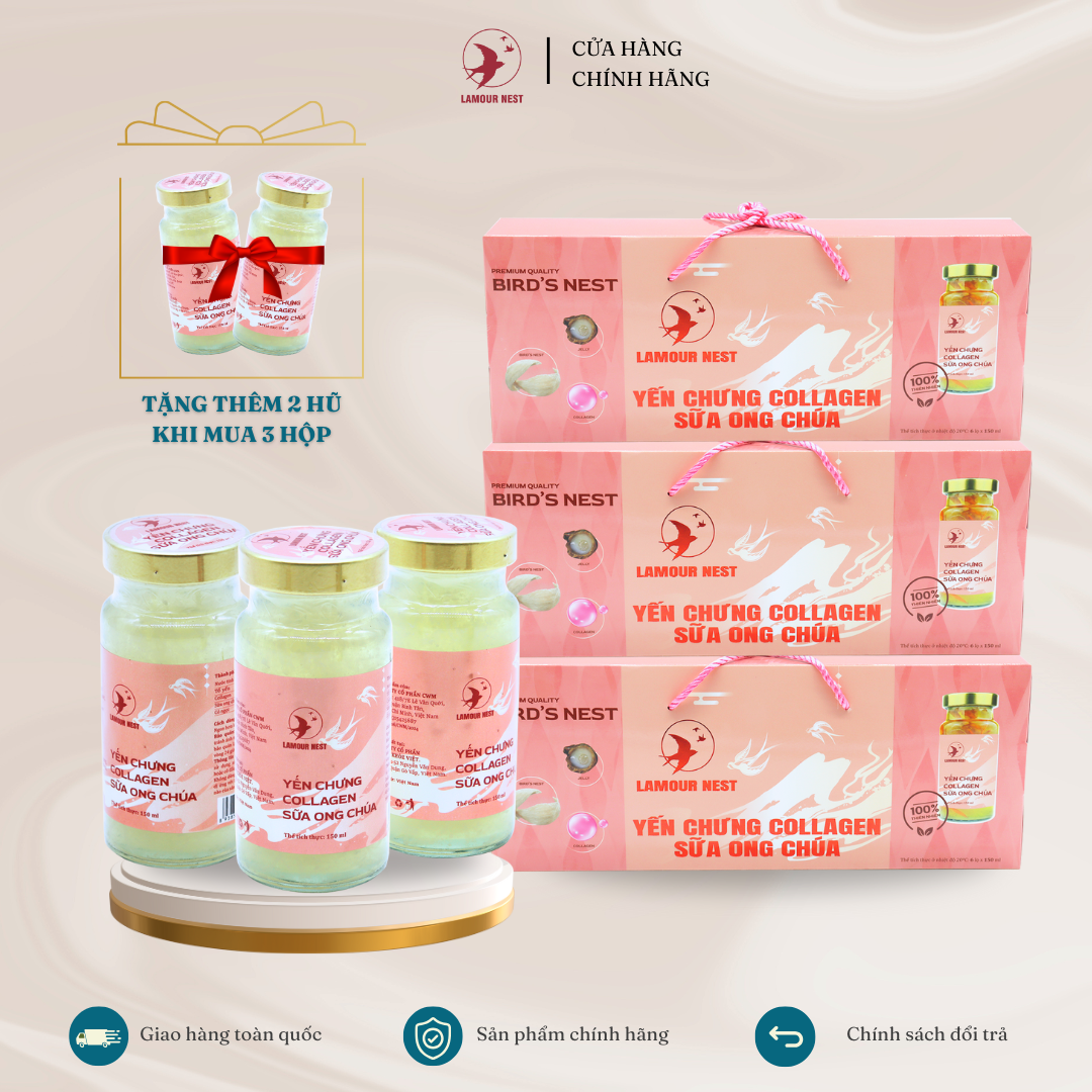 Combo 3 Hộp + Tặng Thêm 2 Hũ Yến Chưng Collagen Sữa Ong Chúa Lamour Nest (150ml x 6 hũ/hộp)