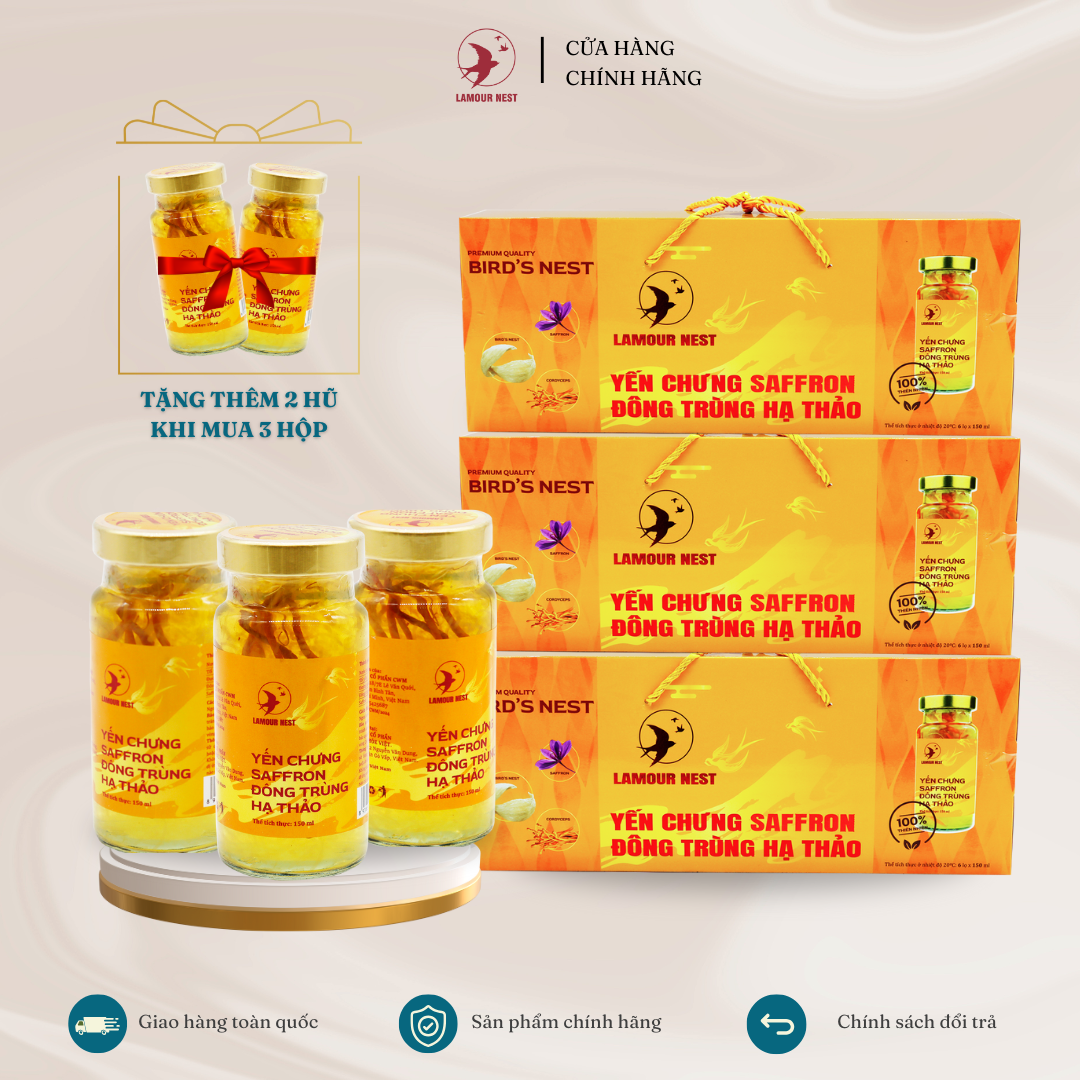 Combo 3 Hộp + Tặng Thêm 2 Hũ Yến Chưng Saffron Đông Trùng Hạ Thảo Lamour Nest (150ml x 6 hũ/hộp)