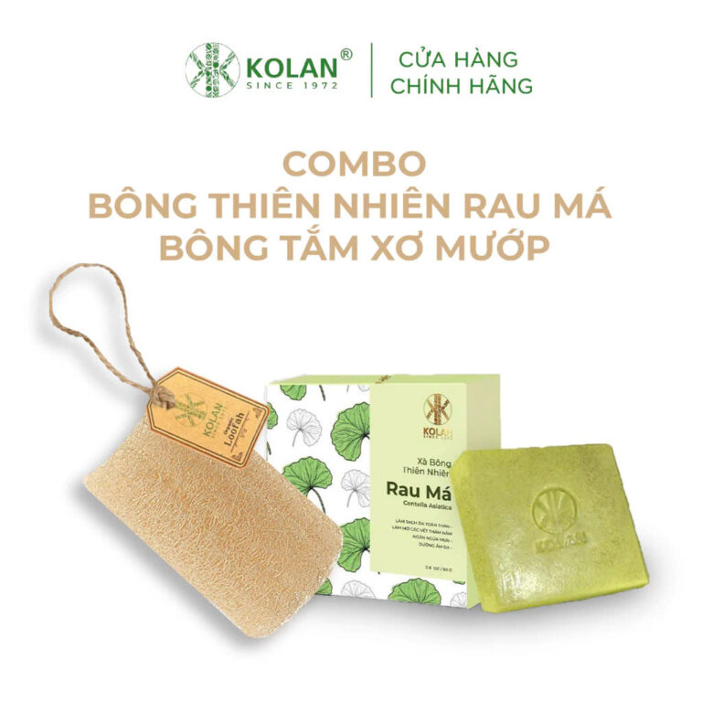 Combo Xà Bông Rau Má Thiên Nhiên 80g - Bông Tắm Xơ Mướp Tự Nhiên KOLAN